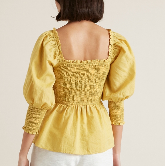 SEED HERITAGE Linen Cotton Puff Sleeve Yellow Pretty Shirred Top Blouse - Picture 2 of 8